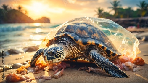 Plastic pollution in ocean problem. Sea Turtle in plastic bag, A turtle trapped in a plastic bag in the ocean.