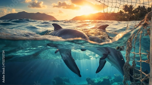 Dolphins underwater entangled in a fishing net at sea, pollution problems affecting the life of wild animals.