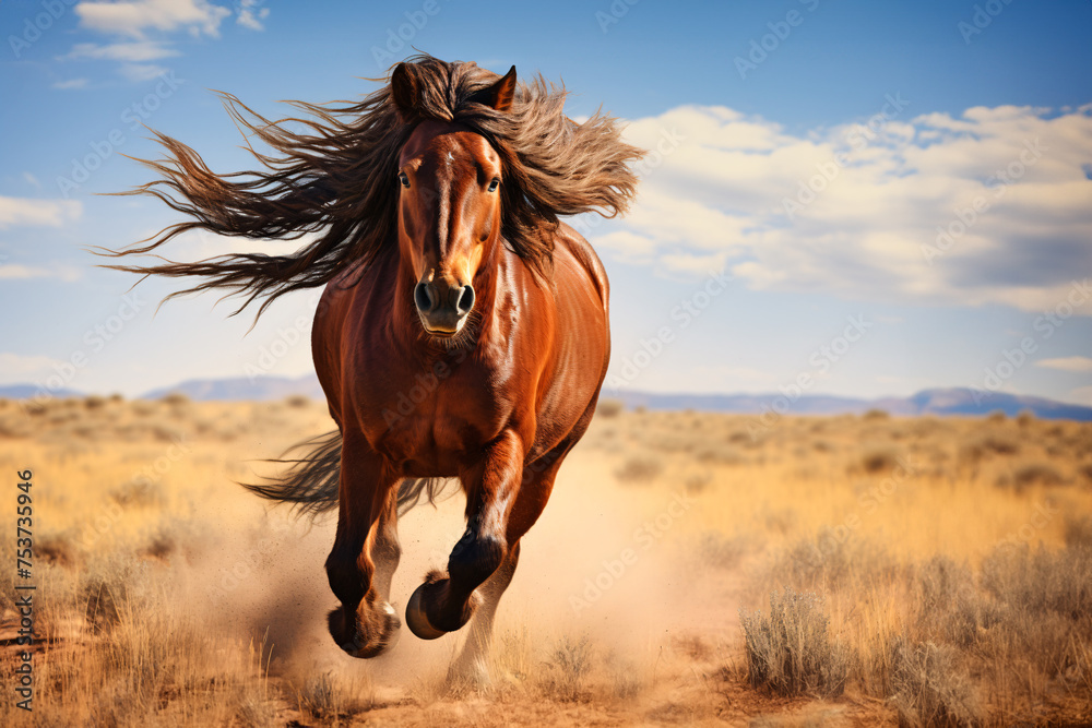 Brown horse gallops through the meadow