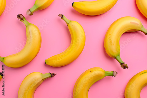 fruit pattern of fresh banana slices on pink background. Top view