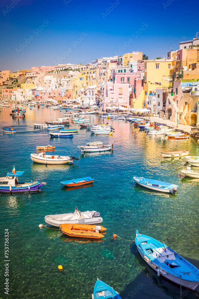 Procida island colorful town with harbor, Italy