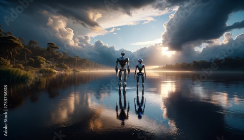 Two Robots Walking in Shallow Water at Sunset