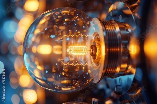 Close-up of a glowing filament quantum computing inside a light bulb with a blurred blue background. photo