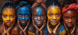 Group of African women with multicolored painted faces. Happy Mother's Day, women empowerment Day for equal rights.