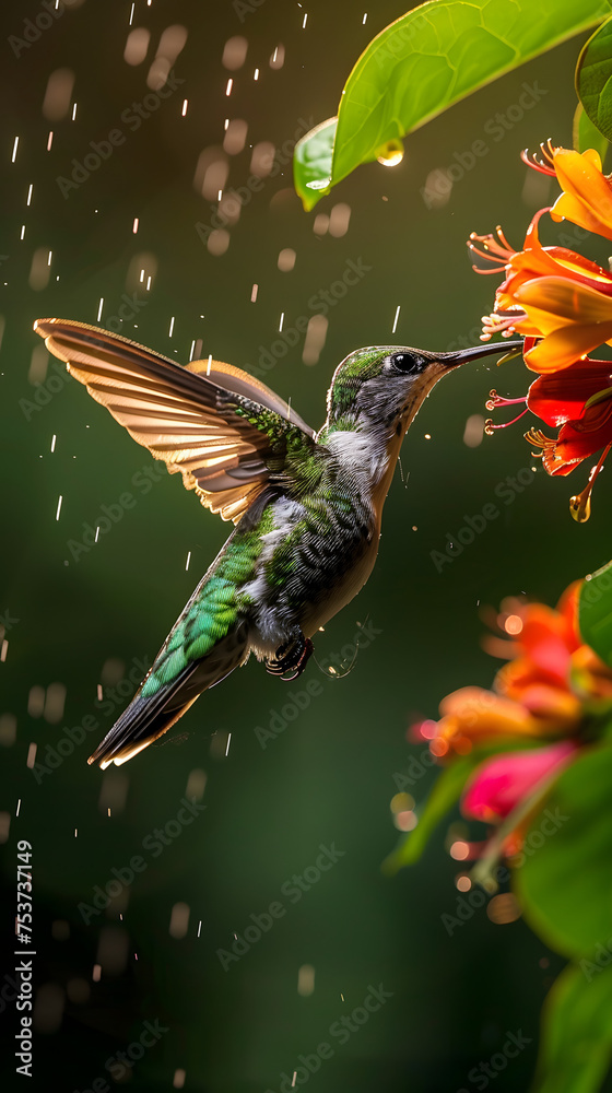 Fototapeta premium Rain Kissed Hummingbird Hovering by Orange Blossoms