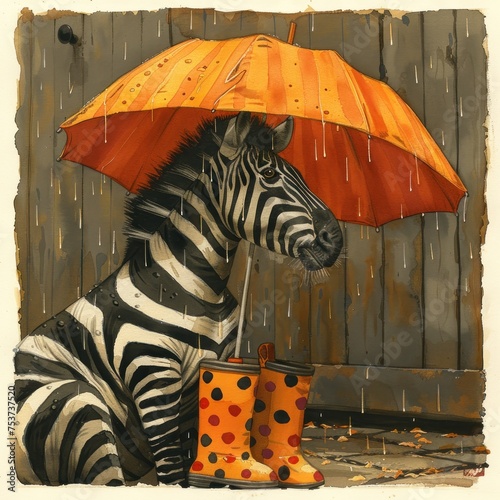 a painting of a zebra sitting in the rain with an umbrella over its head and a pair of rubber boots in front of it. photo