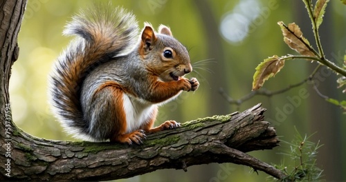 Illustrate a scene of a cute squirrel playing on a tree branch. Pay meticulous attention to the ultra-realistic details of the squirrel's fur, the texture of the bark-AI Generative © Sbahat