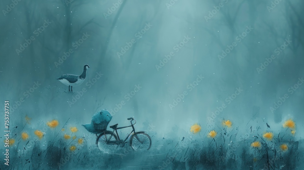 a painting of a bike and a duck in a foggy forest with yellow dandelions in the foreground.