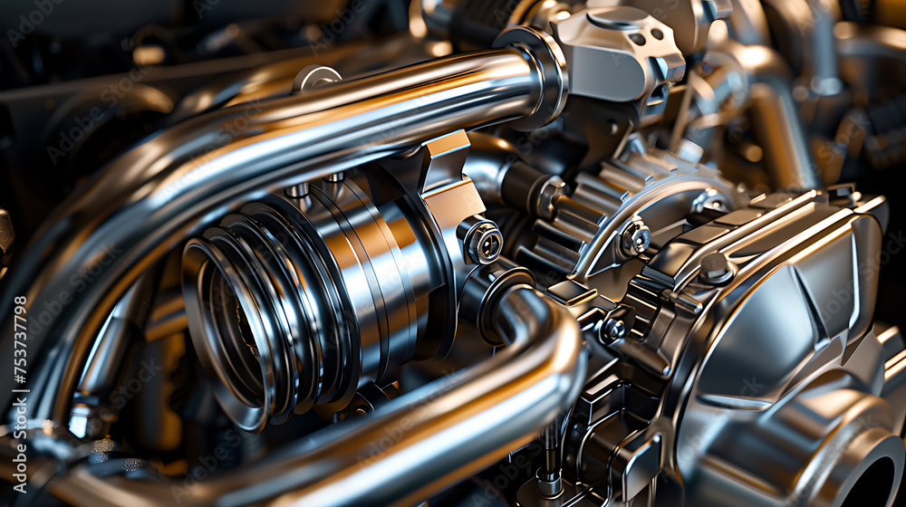 Close up of a motor vehicle engine with exhaust and rim Close up of a motor vehicle engine with exhaust and rim