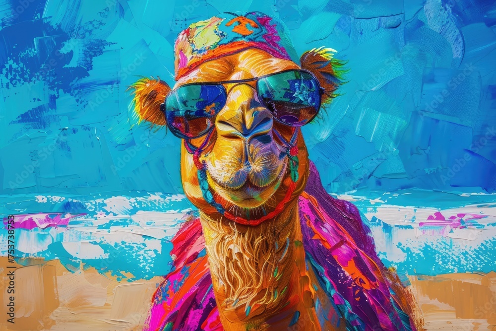 Fototapeta premium bright, colorful picture camel in sunglasses and hat on the beach near the sea, looking at the camera. summer vacation by the sea, style oil paint