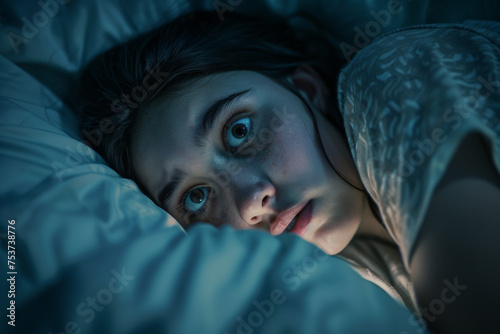 Nightmares. Girl with eyes open awake in bed at night unable to sleep afraid with fear having a nightmare