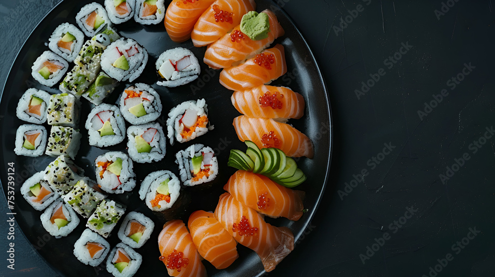 Authentic Japanese Sushi Delight on Sleek Platter. Explore Exquisite Catering Imagery with Vibrant Wasabi, Soy Sauce, and Ginger. Perfect for Culinary Blogs and Restaurant Promotions Authentic Japanese Sushi Delight on Sleek Platter. Explore Exquisite Catering Imagery with Vibrant Wasabi, Soy Sauce, and Ginger. Perfect for Culinary Blogs and Restaurant Promotions