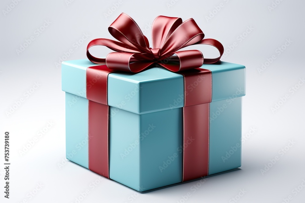 The gift is wrapped in blue paper and tied with a red ribbon. The gift is wrapped in blue paper and tied with a red ribbon.