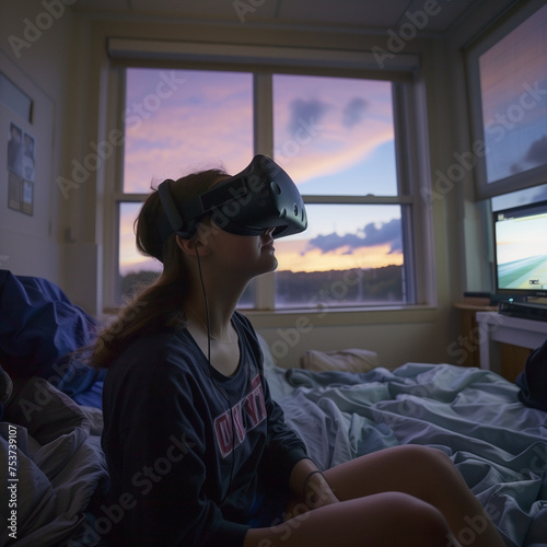 Beautiful young college girl wearing a meta quest vr headset in a dorm room with a dusk sky outside the windows. AI Generated
