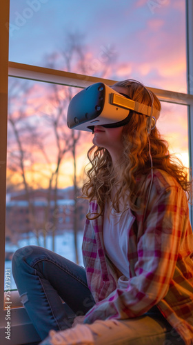 Beautiful young college girl wearing a meta quest vr headset in a dorm room with a dusk sky outside the windows. AI Generated