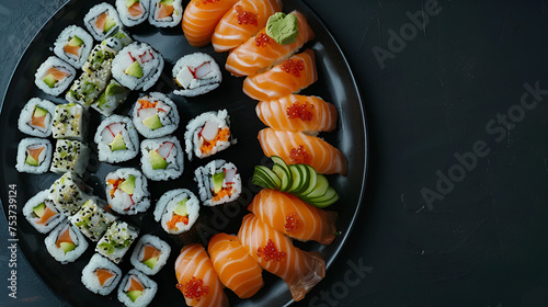 Authentic Japanese Sushi Delight on Sleek Platter. Explore Exquisite Catering Imagery with Vibrant Wasabi, Soy Sauce, and Ginger. Perfect for Culinary Blogs and Restaurant Promotions