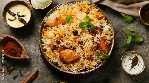 biryani spread with fragrant rice, tender chicken, and aromatic spices