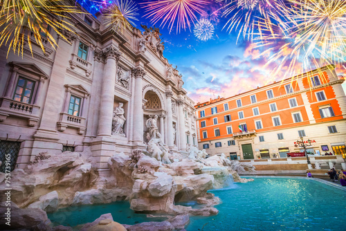 restored Fountain di Trevi in Rome with fireworks, Italy