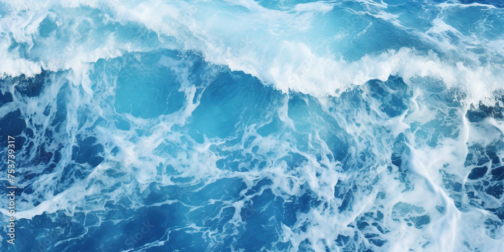 Abstract blue ocean waves crashing with white foam and splashes background. H2O expressive, artistic, pattern texture wallpaper backdrop - obrazy, fototapety, plakaty 
