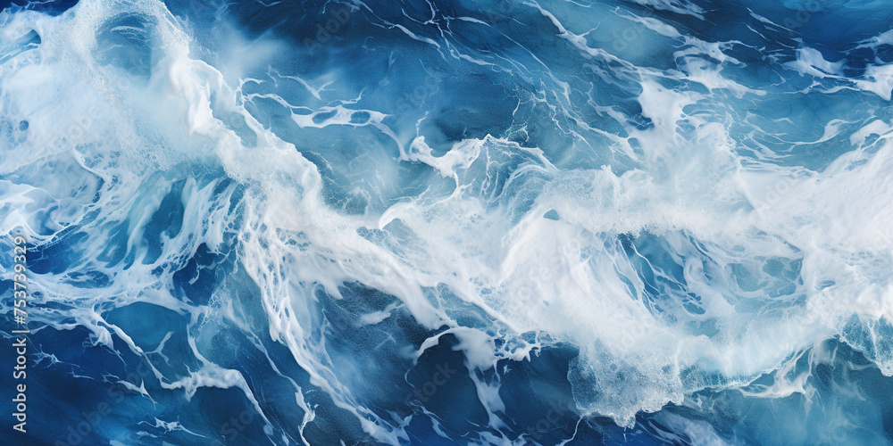 Abstract blue ocean waves crashing with white foam and splashes background. H2O expressive, artistic, pattern texture wallpaper backdrop