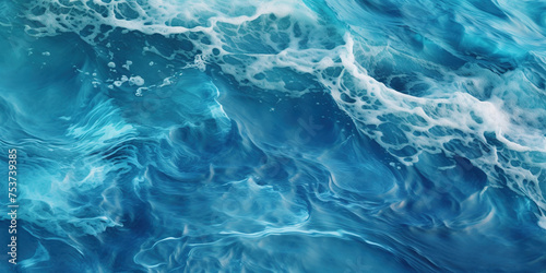 Abstract blue ocean waves crashing with white foam and splashes background. H2O expressive, artistic, pattern texture wallpaper backdrop