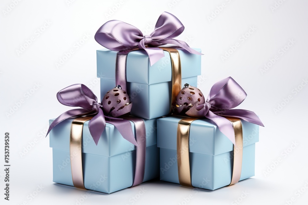 Obraz premium Three blue gifts on a white background tied with a purple-gold ribbon.