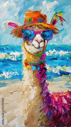 bright, colorful picture lama, alpaca in sunglasses and hat on the beach near the sea, looking at the camera. summer vacation by the sea, style oil paint