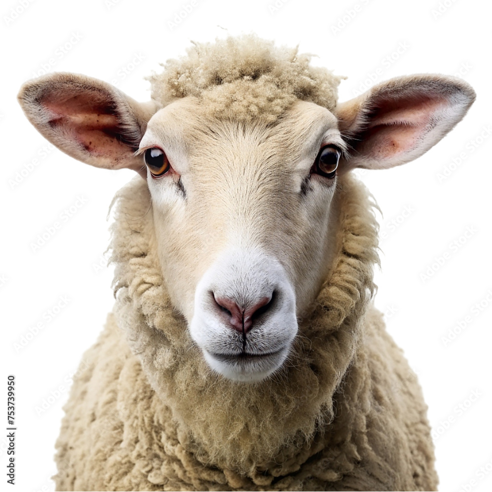Sheep isolated on a transparent background. Sheep head close up.