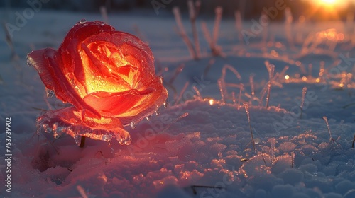 a rose sitting in the middle of a field covered in snow with the sun shining through the snow on top of it. photo