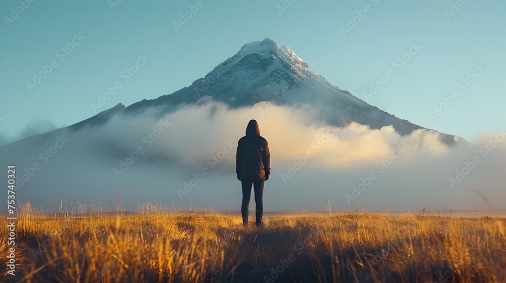 Person Standing in Front of Majestic Mountain - obrazy, fototapety, plakaty 
