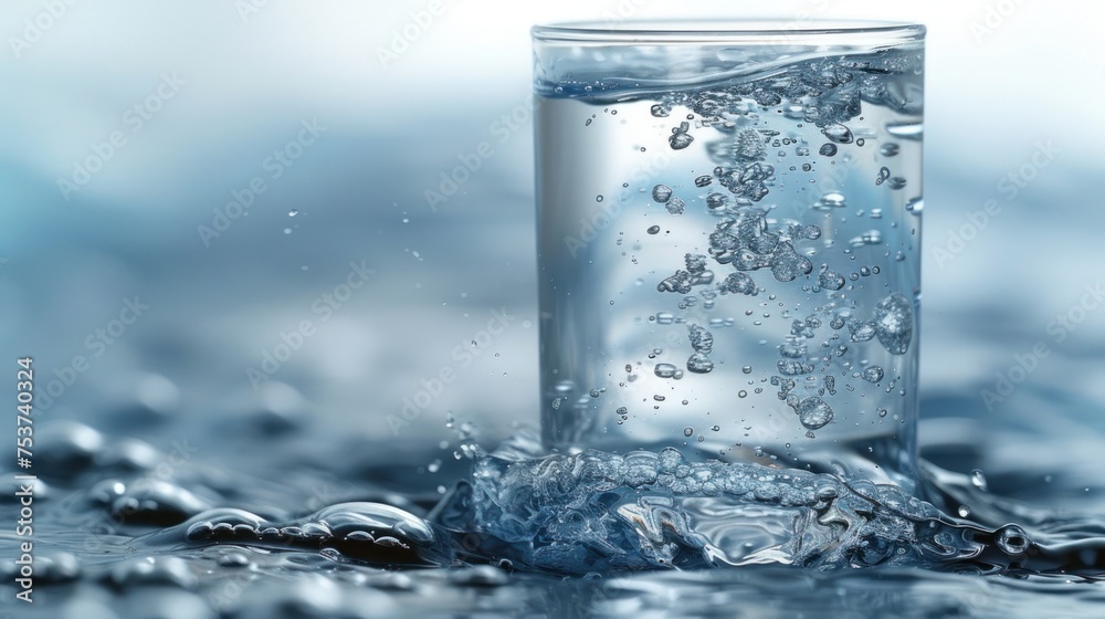 a glass filled with water sitting on top of a blue counter top next to a pile of ice cubes. a glass filled with water sitting on top of a blue counter top next to a pile of ice cubes.
