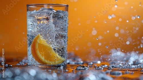 a close up of a glass of water with a slice of orange on the edge of the glass and water droplets around the glass. photo