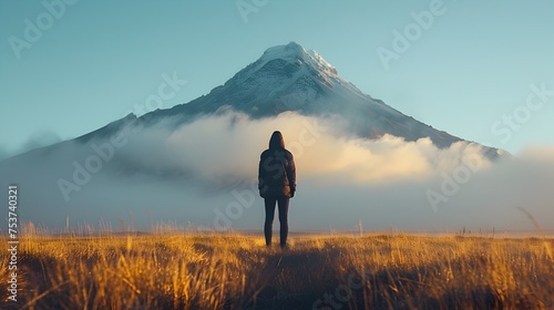 Person Standing in Front of Majestic Mountain photo