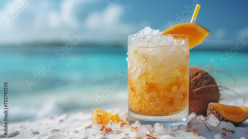 A cheerful cocktail with ice on the beach during summer vacation