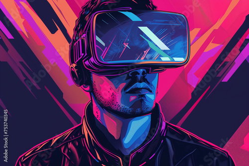 Man wearing vr glasses. Neon abstract colorful background. Pink, orange, purple and blue. AI Generated © DayDay Studio