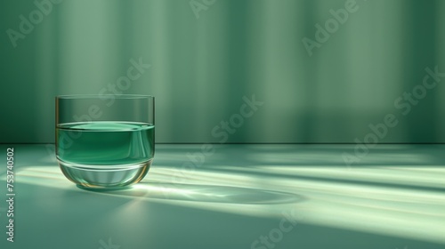 a glass of water sitting on a table with a shadow of a curtain on the wall in front of it. photo