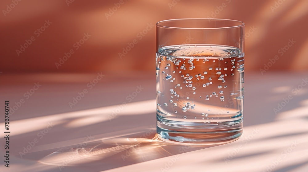 a close up of a glass of water on a table with a light reflecting off of the side of the glass.