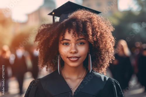 african student girl in a black graduation gown and cap with other graduates in the background generative AI photo