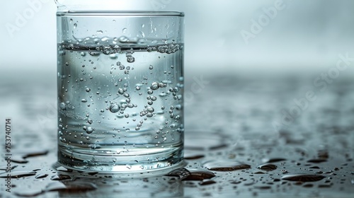 a close up of a glass of water on a table with drops of water on the surface of the glass. photo