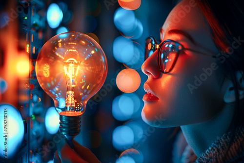 Intense gaze of a problemsolver illuminated by a light bulb the warm glow contrasting with the cool blue bokeh of a technological data center photo