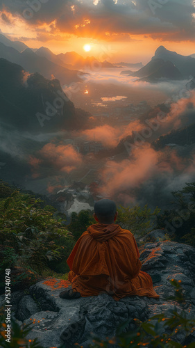 A Zen monk sits in serene meditation perspective shooting, mountain top shooting framing,generative ai
