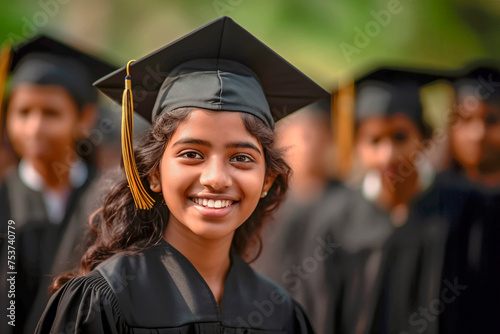 Indian student girl in a black graduation gown and cap with other graduates in the background generative AI