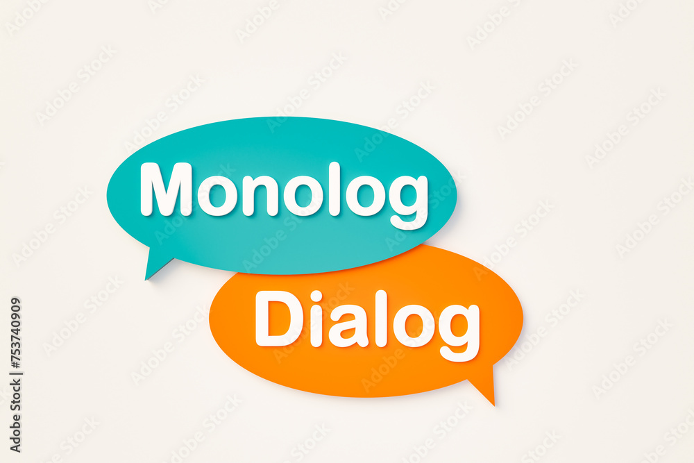 Monolg or Dialog, chat bubble in orange, blue colors. Lecture, discourse, speech, discussion, conversation, chat, communication, forum. 3D illustration Monolg or Dialog, chat bubble in orange, blue colors. Lecture, discourse, speech, discussion, conversation, chat, communication, forum. 3D illustration