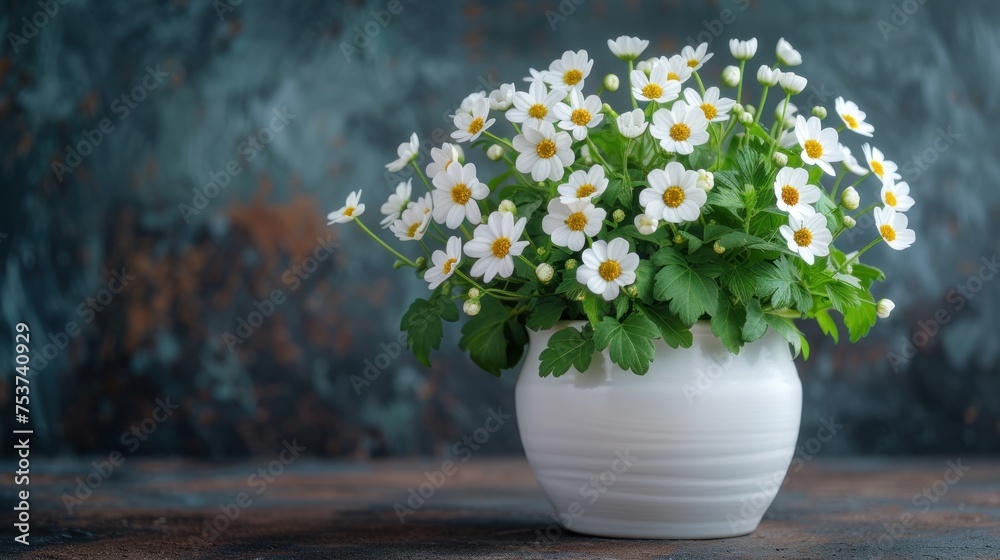 a white vase filled with white flowers sitting on top of a wooden table next to a green leafy plant. a white vase filled with white flowers sitting on top of a wooden table next to a green leafy plant.