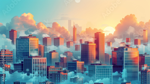 Illustration of a big city where the buildings rise from the clouds