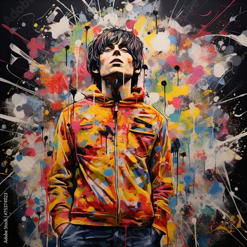 Art painting of a man in a colorful jacket against vibrant backdrop