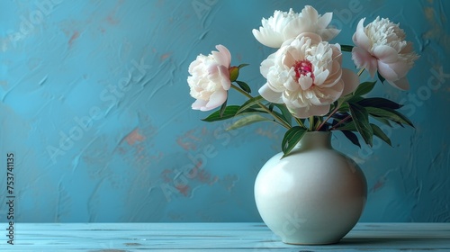 a white vase filled with pink flowers on top of a wooden table in front of a blue and blue wall. photo