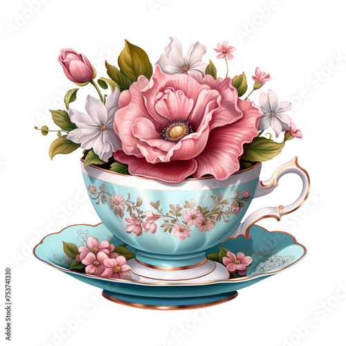 Watercolor Antique Porcelain Tea cup and Saucer Plate isolated on white transparent background, PNG, turquoise blue and Pink Colors, florals, flowers