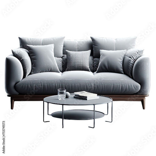 two-seater gray sofa with two cushions with table isolated isolated soft smooth lighting only png premium high quality