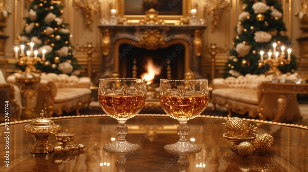 two glasses of wine sit on a table in front of a fireplace in a room decorated with gold ornaments and a christmas tree.